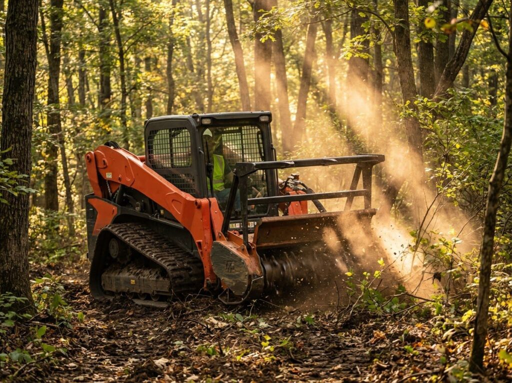 Kubota forestry mulcher working in sunlit woods